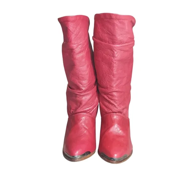 Zodiac Vintage Red Slouchy Leather  Heeled Boots with Tapered Heel