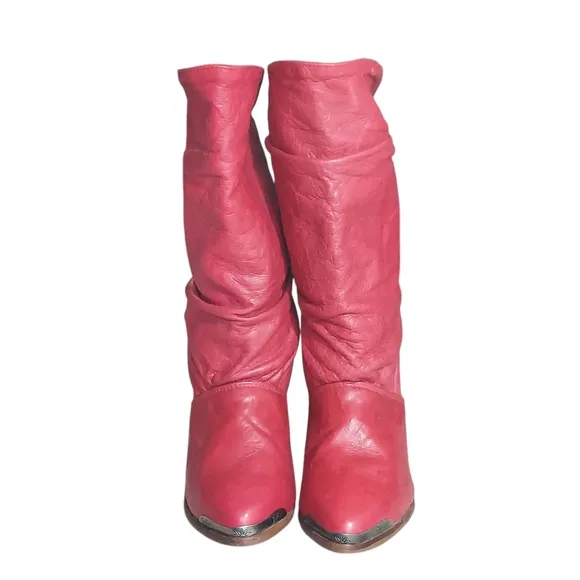 Zodiac Vintage Red Slouchy Leather  Heeled Boots with Tapered Heel