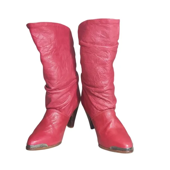 Zodiac Vintage Red Slouchy Leather  Heeled Boots with Tapered Heel