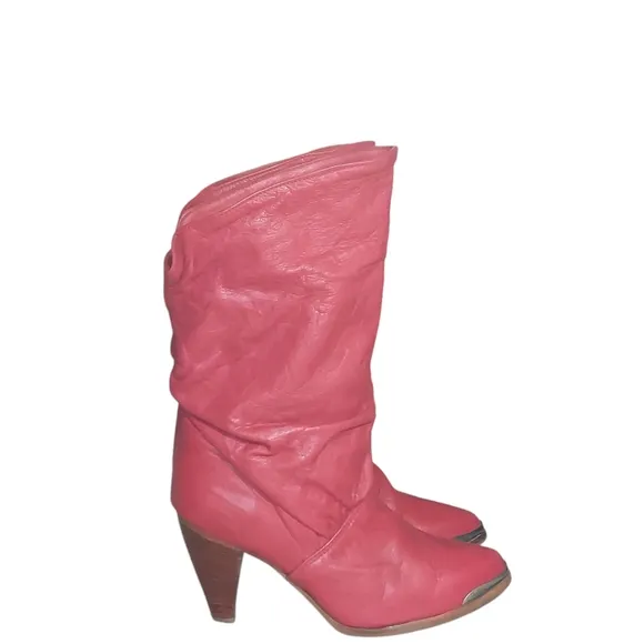 Zodiac Vintage Red Slouchy Leather  Heeled Boots with Tapered Heel