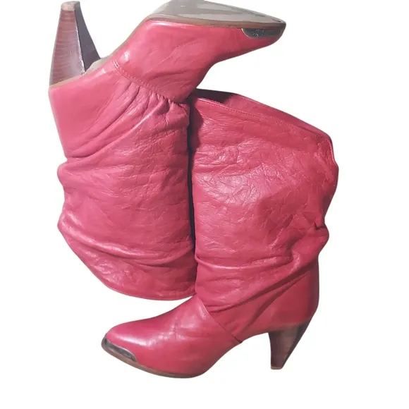 Zodiac Vintage Red Slouchy Leather  Heeled Boots with Tapered Heel